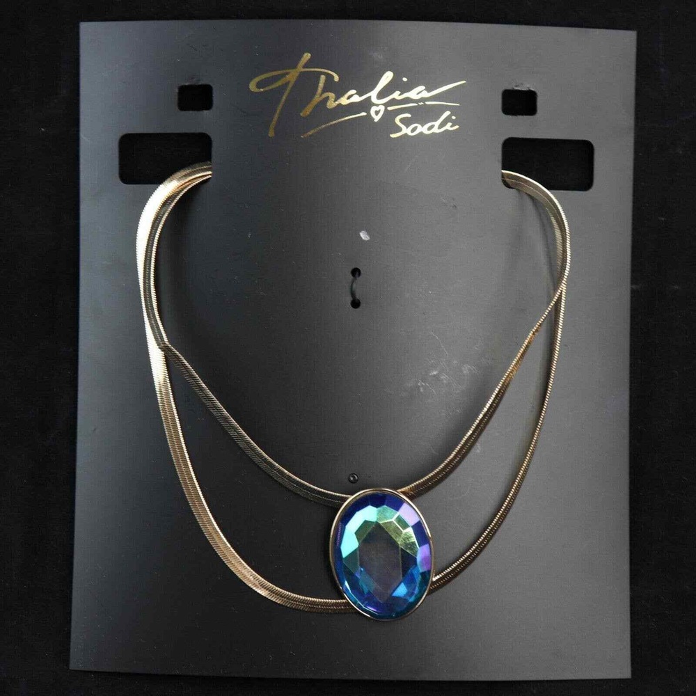 Talia Sodi Gold Tone Double Chain Necklace Blue Gem Heart Charms